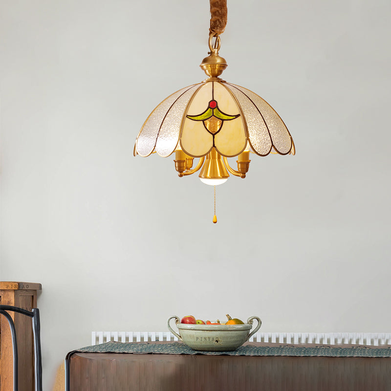 5 Bulbs Scallop Pendant Lamp Colonial Gold Frosted Glass Chandelier Light Fixture for Study Room Clearhalo 'Ceiling Lights' 'Chandeliers' 'Glass shade' 'Glass' Lighting' 283957