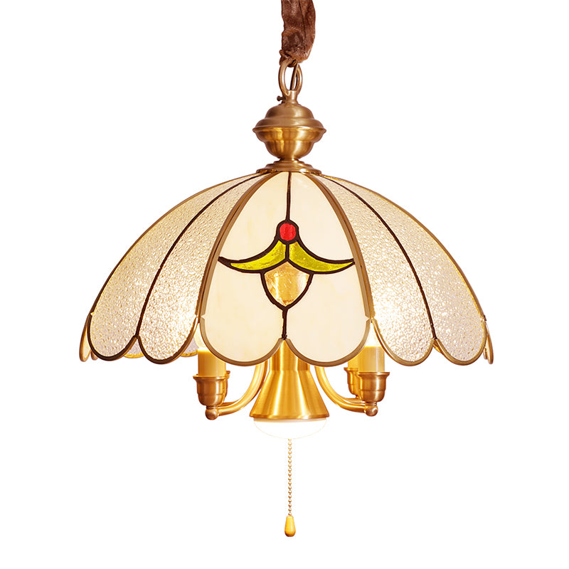 5 Bulbs Scallop Pendant Lamp Colonial Gold Frosted Glass Chandelier Light Fixture for Study Room Clearhalo 'Ceiling Lights' 'Chandeliers' 'Glass shade' 'Glass' Lighting' 283958