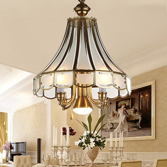 Brass Scallop Chandelier Pendant Light Colonial Sandblasted Glass 5 Lights Study Room Suspension Lamp Brass Clearhalo 'Ceiling Lights' 'Chandeliers' 'Glass shade' 'Glass' Lighting' 283973
