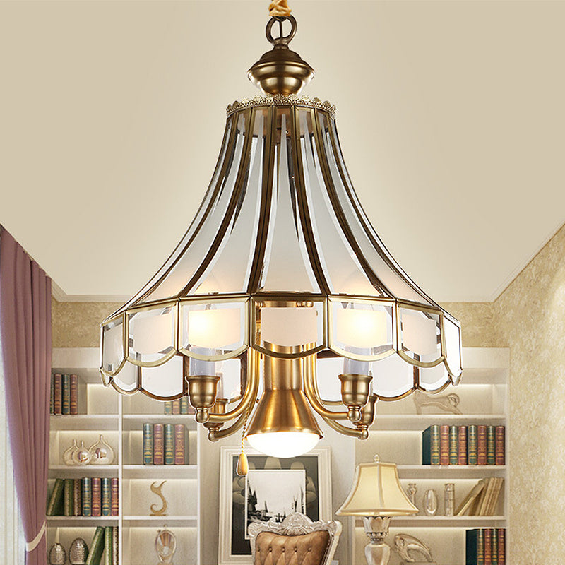 Brass Scallop Chandelier Pendant Light Colonial Sandblasted Glass 5 Lights Study Room Suspension Lamp Clearhalo 'Ceiling Lights' 'Chandeliers' 'Glass shade' 'Glass' Lighting' 283974