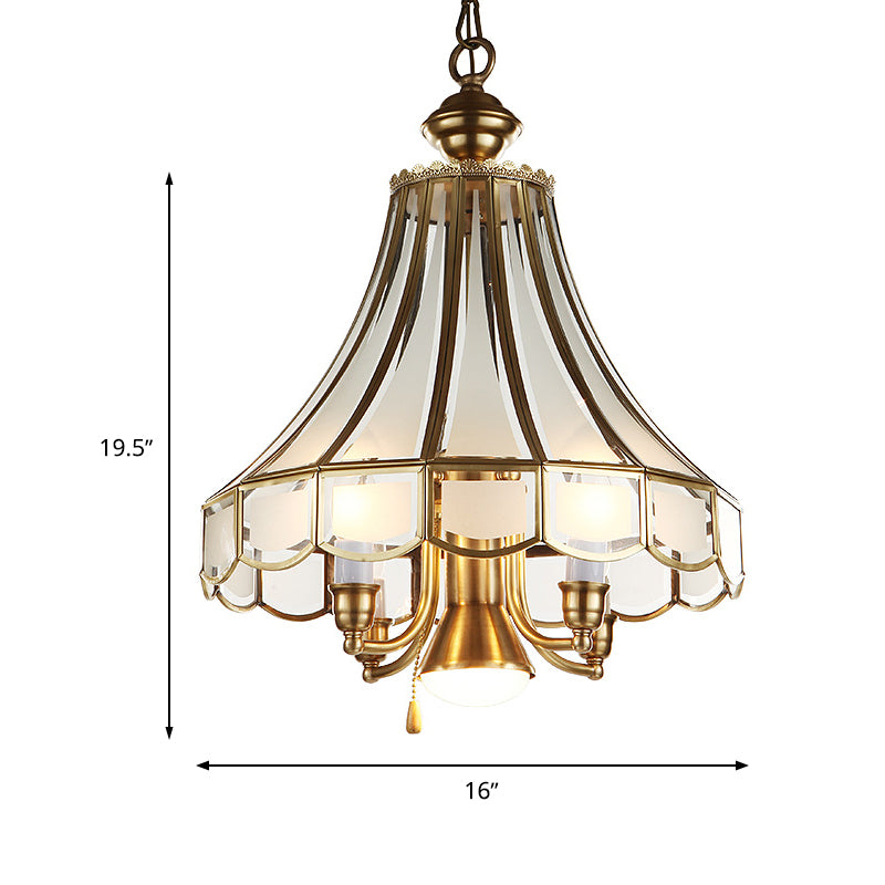 Brass Scallop Chandelier Pendant Light Colonial Sandblasted Glass 5 Lights Study Room Suspension Lamp Clearhalo 'Ceiling Lights' 'Chandeliers' 'Glass shade' 'Glass' Lighting' 283977