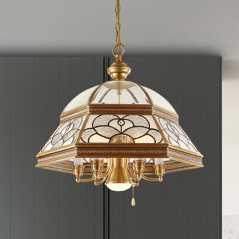 Sandblasted Glass Gold Chandelier Dome 6/7 Lights Colonialism Down Lighting Pendant for Living Room, 19.5"/21" W Clearhalo 'Ceiling Lights' 'Chandeliers' 'Glass shade' 'Glass' Lighting' 283988