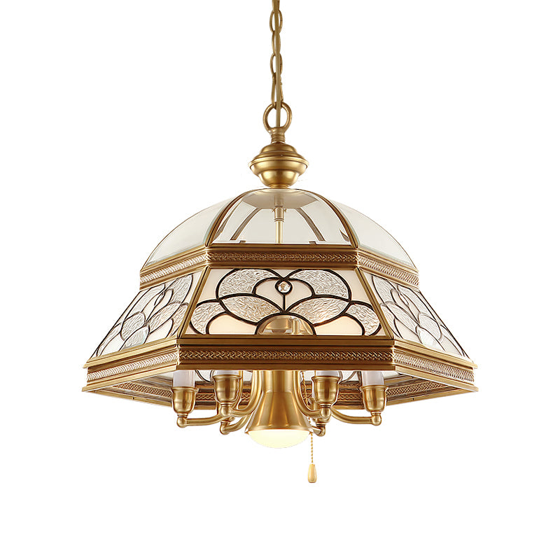 Sandblasted Glass Gold Chandelier Dome 6/7 Lights Colonialism Down Lighting Pendant for Living Room, 19.5"/21" W Clearhalo 'Ceiling Lights' 'Chandeliers' 'Glass shade' 'Glass' Lighting' 283990