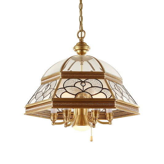 Sandblasted Glass Gold Chandelier Dome 6/7 Lights Colonialism Down Lighting Pendant for Living Room, 19.5"/21" W Clearhalo 'Ceiling Lights' 'Chandeliers' 'Glass shade' 'Glass' Lighting' 283994