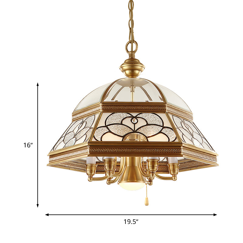 Sandblasted Glass Gold Chandelier Dome 6/7 Lights Colonialism Down Lighting Pendant for Living Room, 19.5"/21" W Clearhalo 'Ceiling Lights' 'Chandeliers' 'Glass shade' 'Glass' Lighting' 283995