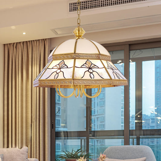 Colonial Dome Hanging Pendant 6 Heads Sandblasted Glass Chandelier Lighting Fixture in Gold for Bedroom Gold Clearhalo 'Ceiling Lights' 'Chandeliers' 'Glass shade' 'Glass' Lighting' 284011