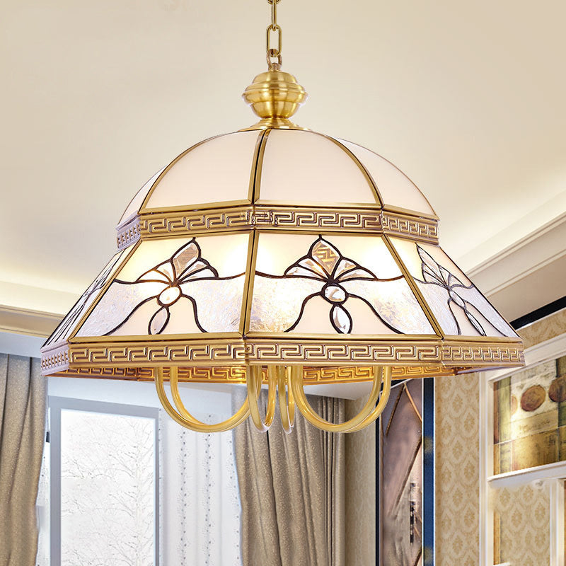 Colonial Dome Hanging Pendant 6 Heads Sandblasted Glass Chandelier Lighting Fixture in Gold for Bedroom Clearhalo 'Ceiling Lights' 'Chandeliers' 'Glass shade' 'Glass' Lighting' 284012