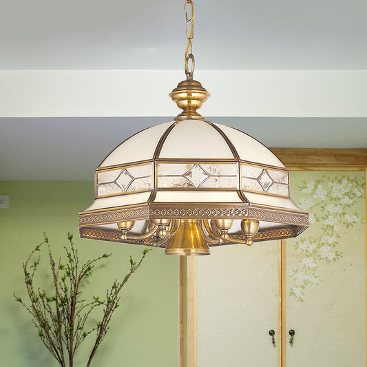 7 Bulbs Sandblasted Glass Chandelier Colonial Gold Dome Living Room Pendant Lighting Fixture Gold Clearhalo 'Ceiling Lights' 'Chandeliers' 'Close To Ceiling Lights' 'Glass shade' 'Glass' Lighting' 284027