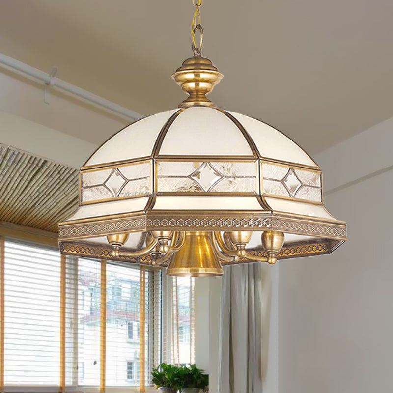 7 Bulbs Sandblasted Glass Chandelier Colonial Gold Dome Living Room Pendant Lighting Fixture Clearhalo 'Ceiling Lights' 'Chandeliers' 'Close To Ceiling Lights' 'Glass shade' 'Glass' Lighting' 284028
