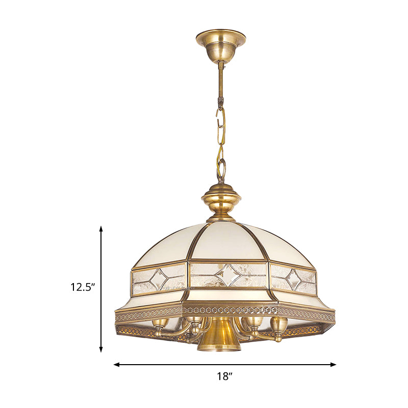 7 Bulbs Sandblasted Glass Chandelier Colonial Gold Dome Living Room Pendant Lighting Fixture Clearhalo 'Ceiling Lights' 'Chandeliers' 'Close To Ceiling Lights' 'Glass shade' 'Glass' Lighting' 284031