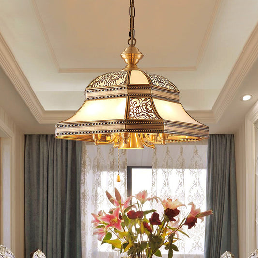 Bell Dining Room Ceiling Chandelier Colonial Mouth Blown Opal Glass 5 Heads Gold Hanging Light Fixture Gold Clearhalo 'Ceiling Lights' 'Chandeliers' 'Close To Ceiling Lights' 'Glass shade' 'Glass' Lighting' 284032