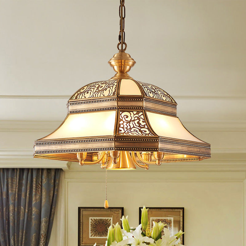 Bell Dining Room Ceiling Chandelier Colonial Mouth Blown Opal Glass 5 Heads Gold Hanging Light Fixture Clearhalo 'Ceiling Lights' 'Chandeliers' 'Close To Ceiling Lights' 'Glass shade' 'Glass' Lighting' 284033