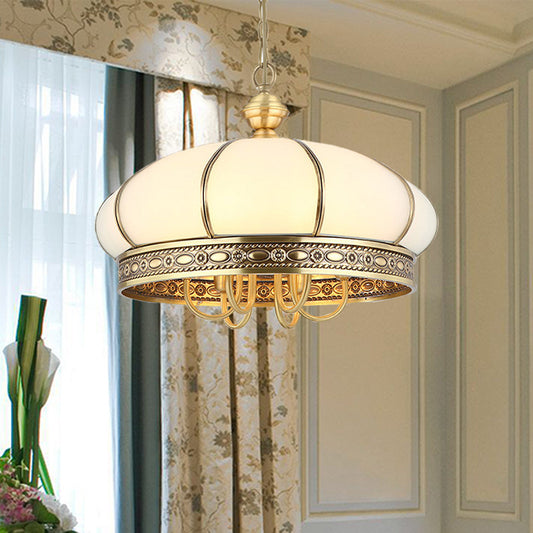 Colonial Oval Hanging Pendant 6 Heads Frosted White Glass Chandelier Lighting Fixture in Gold Gold Clearhalo 'Ceiling Lights' 'Chandeliers' 'Glass shade' 'Glass' Lighting' 284056