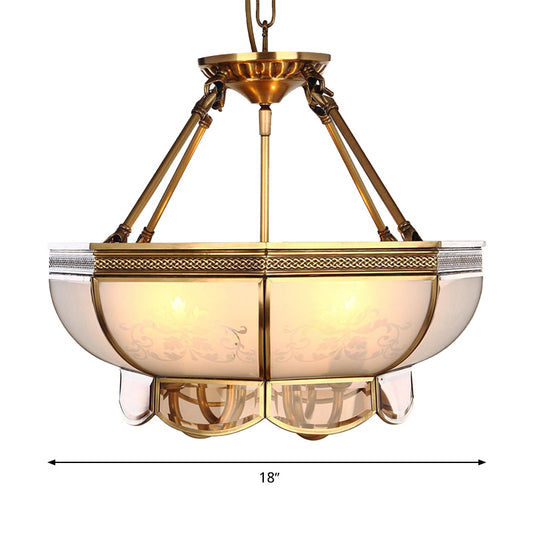 4 Bulbs Bowl Hanging Chandelier Colonial Brass Frosted Glass Ceiling Suspension Lamp for Living Room Clearhalo 'Ceiling Lights' 'Chandeliers' 'Glass shade' 'Glass' Lighting' 284066