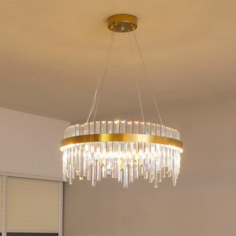 16"/19.5" Wide LED Hanging Ceiling Light Postmodern Circle Crystal Rod Chandelier Light in Gold Clearhalo 'Ceiling Lights' 'Chandeliers' Lighting' options 284069