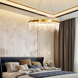 16"/19.5" Wide LED Hanging Ceiling Light Postmodern Circle Crystal Rod Chandelier Light in Gold Clearhalo 'Ceiling Lights' 'Chandeliers' Lighting' options 284070