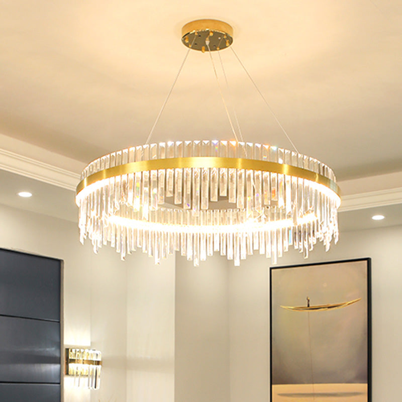 16"/19.5" Wide LED Hanging Ceiling Light Postmodern Circle Crystal Rod Chandelier Light in Gold Clearhalo 'Ceiling Lights' 'Chandeliers' Lighting' options 284073