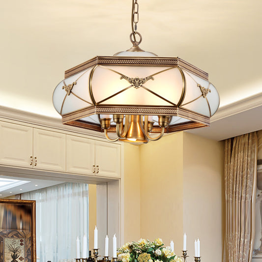 Brass Hexagon Hanging Chandelier Colonial Satin Opal Glass 5 Lights Dining Room Ceiling Pendant Brass Clearhalo 'Ceiling Lights' 'Chandeliers' 'Glass shade' 'Glass' Lighting' 284091