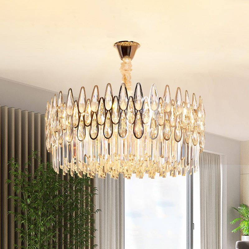 7 Heads Drum Chandelier Pendant Light Simple Clear Teardrop Crystal Hanging Ceiling Light Clearhalo 'Ceiling Lights' 'Chandeliers' Lighting' options 284097