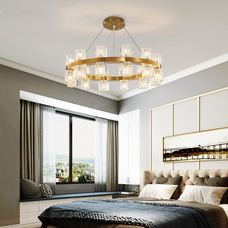 Ring Ridged Crystal Hanging Light Fixture Postmodern 24 Heads Bedroom Pendant Chandelier in Gold Clearhalo 'Ceiling Lights' 'Chandeliers' Lighting' options 284153