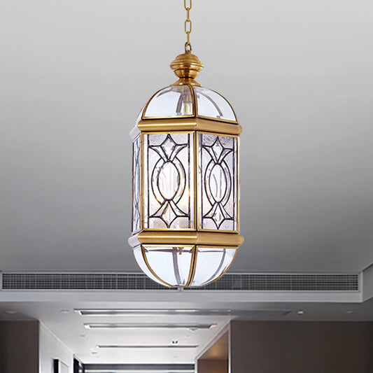 Lantern Outdoor Chandelier Light Colonial Frosted Glass 3 Bulbs Brass Hanging Ceiling Light Brass Clearhalo 'Ceiling Lights' 'Chandeliers' 'Glass shade' 'Glass' Lighting' 284231