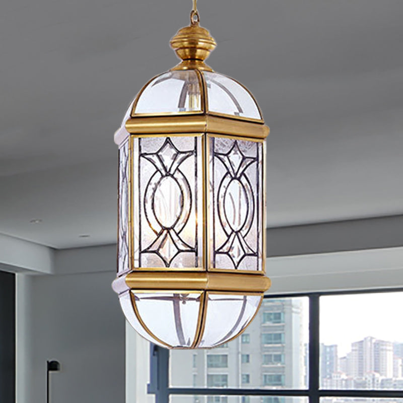 Lantern Outdoor Chandelier Light Colonial Frosted Glass 3 Bulbs Brass Hanging Ceiling Light Clearhalo 'Ceiling Lights' 'Chandeliers' 'Glass shade' 'Glass' Lighting' 284232
