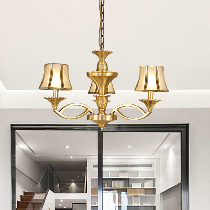 Gold Starburst Chandelier Lamp Colony Metal 3/6/8 Heads Pendant Ceiling Light with Flared Opal Frosted Glass Shade 3 Gold Clearhalo 'Ceiling Lights' 'Chandeliers' Lighting' options 284247_bbaf301e-19d6-4e37-b9d1-7134848136c8