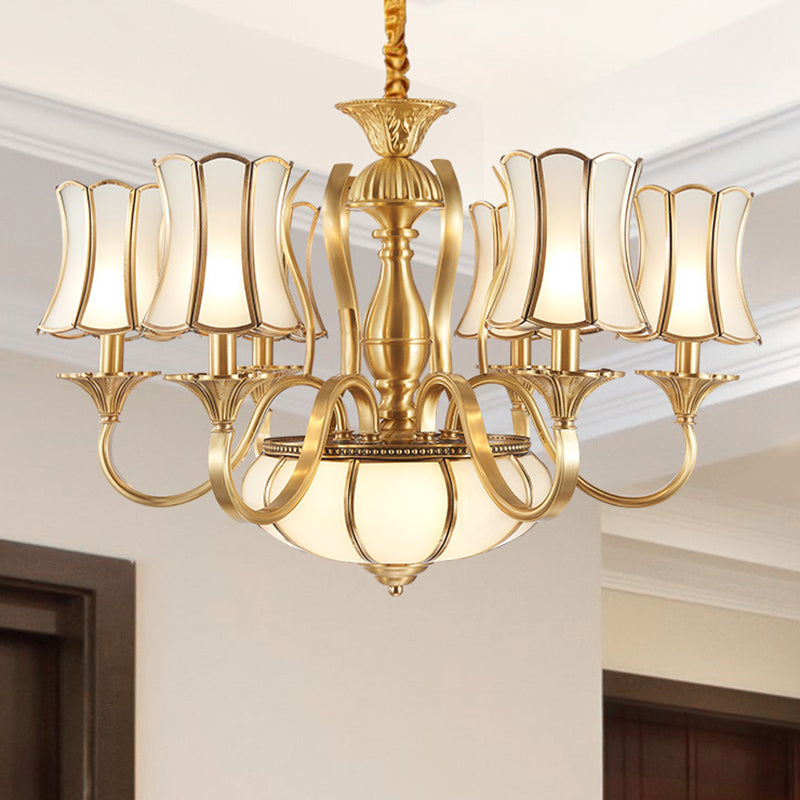 6 Heads Chandelier Lighting Colony Sputnik Metal Suspended Lighting in Gold with Scallope Frosted White Glass Shade Clearhalo 'Ceiling Lights' 'Chandeliers' 'Glass shade' 'Glass' Lighting' 284277