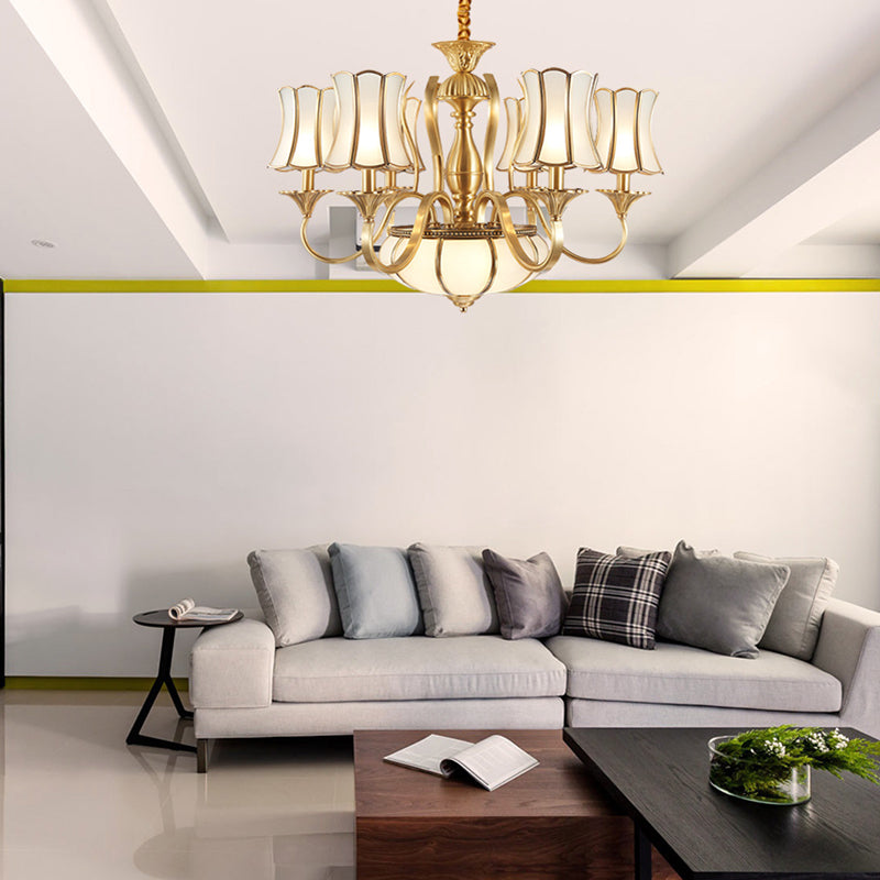 6 Heads Chandelier Lighting Colony Sputnik Metal Suspended Lighting in Gold with Scallope Frosted White Glass Shade Clearhalo 'Ceiling Lights' 'Chandeliers' 'Glass shade' 'Glass' Lighting' 284278