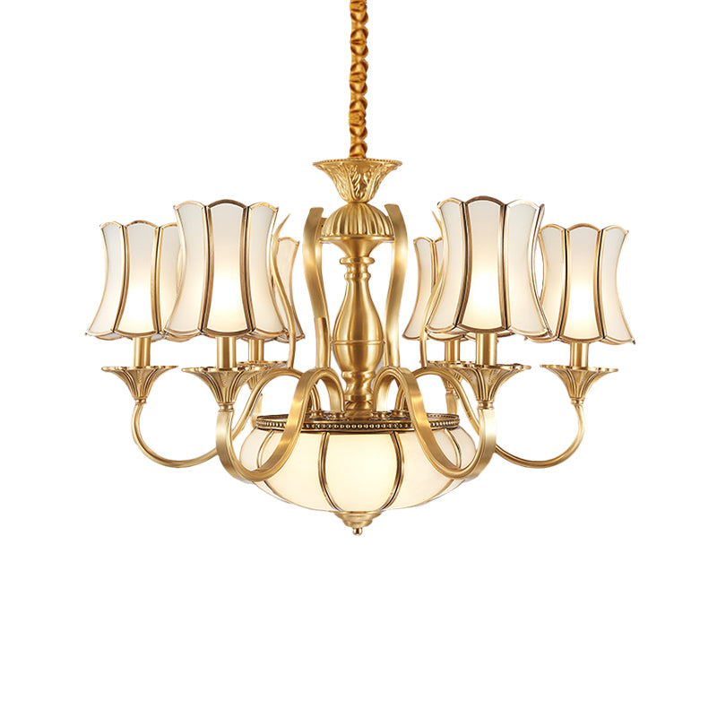 6 Heads Chandelier Lighting Colony Sputnik Metal Suspended Lighting in Gold with Scallope Frosted White Glass Shade Clearhalo 'Ceiling Lights' 'Chandeliers' 'Glass shade' 'Glass' Lighting' 284279