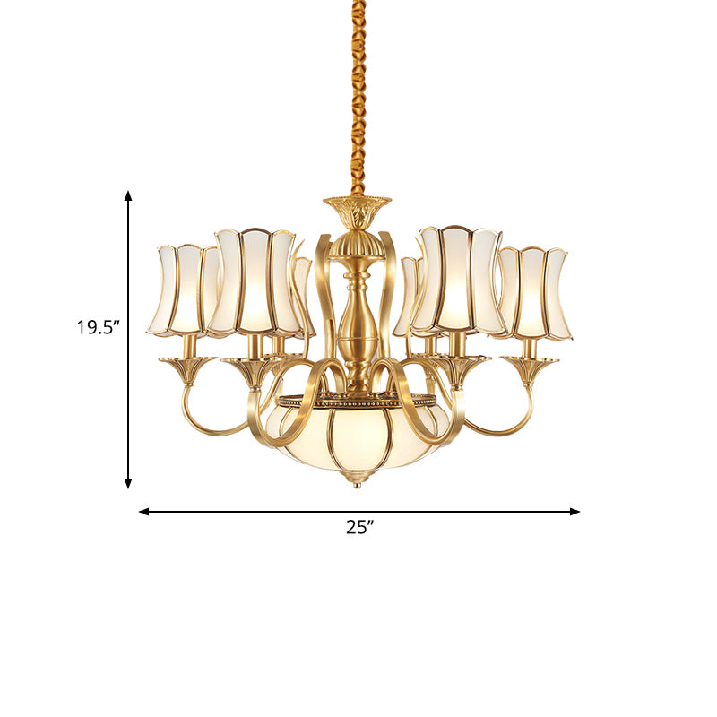 6 Heads Chandelier Lighting Colony Sputnik Metal Suspended Lighting in Gold with Scallope Frosted White Glass Shade Clearhalo 'Ceiling Lights' 'Chandeliers' 'Glass shade' 'Glass' Lighting' 284280