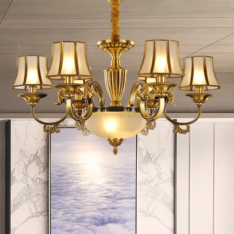 Gold 6/8 Heads Chandelier Lighting Colonization Frosted Glass Bell Ceiling Pendant Light for Living Room Clearhalo 'Ceiling Lights' 'Chandeliers' 'Glass shade' 'Glass' Lighting' 284296