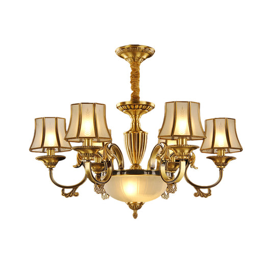 Gold 6/8 Heads Chandelier Lighting Colonization Frosted Glass Bell Ceiling Pendant Light for Living Room Clearhalo 'Ceiling Lights' 'Chandeliers' 'Glass shade' 'Glass' Lighting' 284298