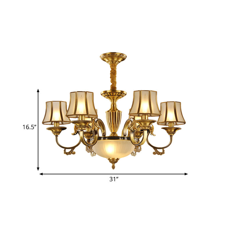 Gold 6/8 Heads Chandelier Lighting Colonization Frosted Glass Bell Ceiling Pendant Light for Living Room Clearhalo 'Ceiling Lights' 'Chandeliers' 'Glass shade' 'Glass' Lighting' 284299