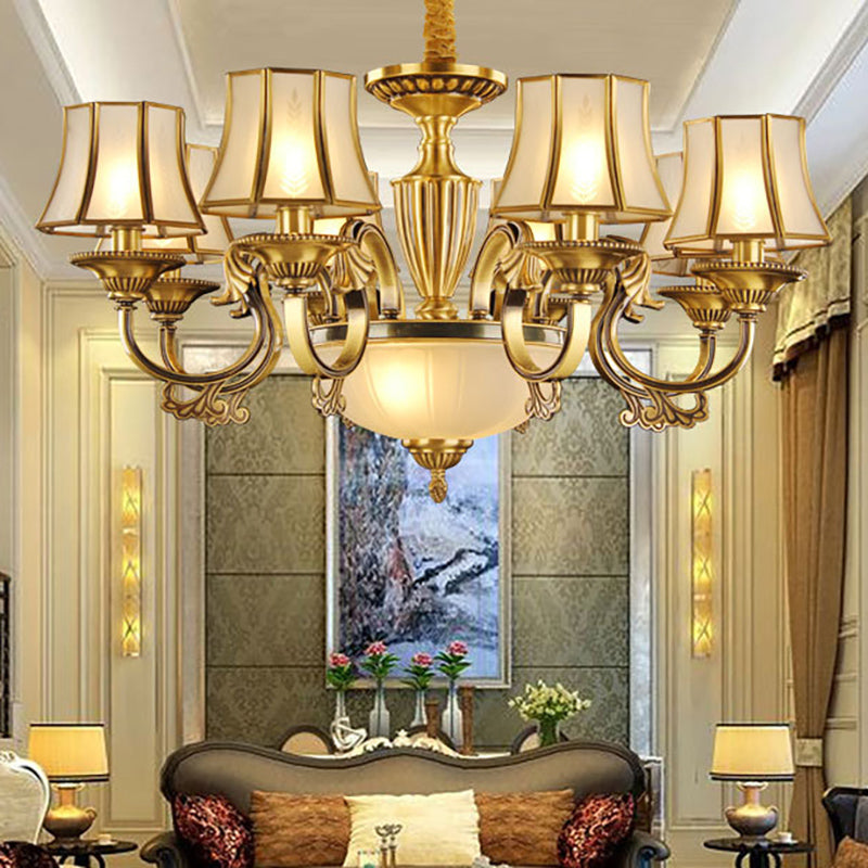 Gold 6/8 Heads Chandelier Lighting Colonization Frosted Glass Bell Ceiling Pendant Light for Living Room 8 Gold Clearhalo 'Ceiling Lights' 'Chandeliers' 'Glass shade' 'Glass' Lighting' 284301