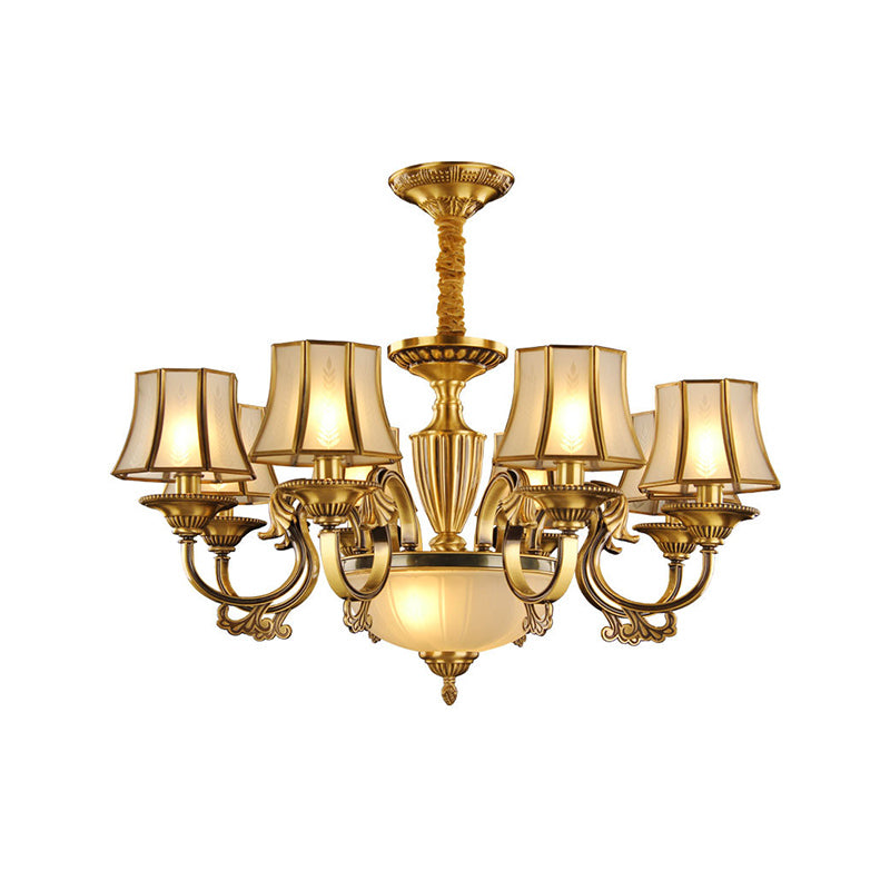 Gold 6/8 Heads Chandelier Lighting Colonization Frosted Glass Bell Ceiling Pendant Light for Living Room Clearhalo 'Ceiling Lights' 'Chandeliers' 'Glass shade' 'Glass' Lighting' 284303