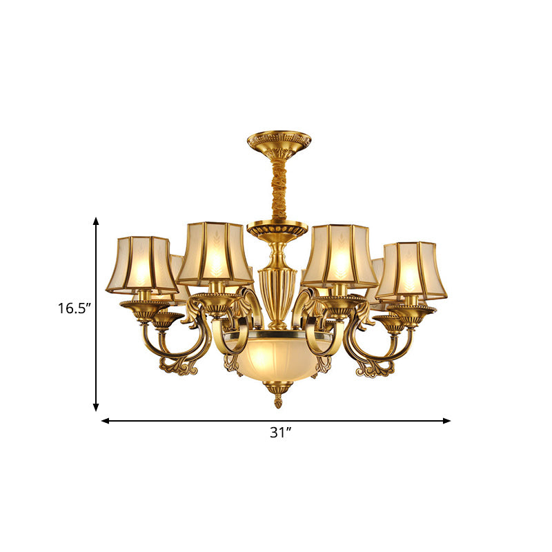 Gold 6/8 Heads Chandelier Lighting Colonization Frosted Glass Bell Ceiling Pendant Light for Living Room Clearhalo 'Ceiling Lights' 'Chandeliers' 'Glass shade' 'Glass' Lighting' 284304