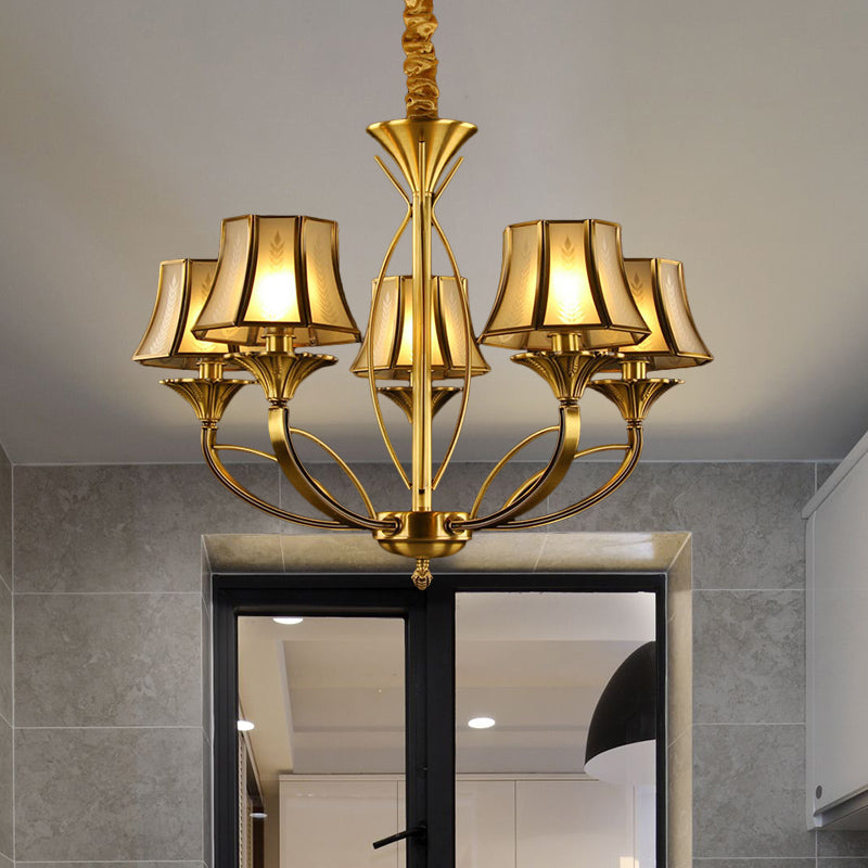 Gold Flared Chandelier Colonization Frosted White Glass 5/6/8 Heads Living Room Pendant Light with Curved Metal Arm 5 Gold Clearhalo 'Ceiling Lights' 'Chandeliers' 'Glass shade' 'Glass' Lighting' 284337