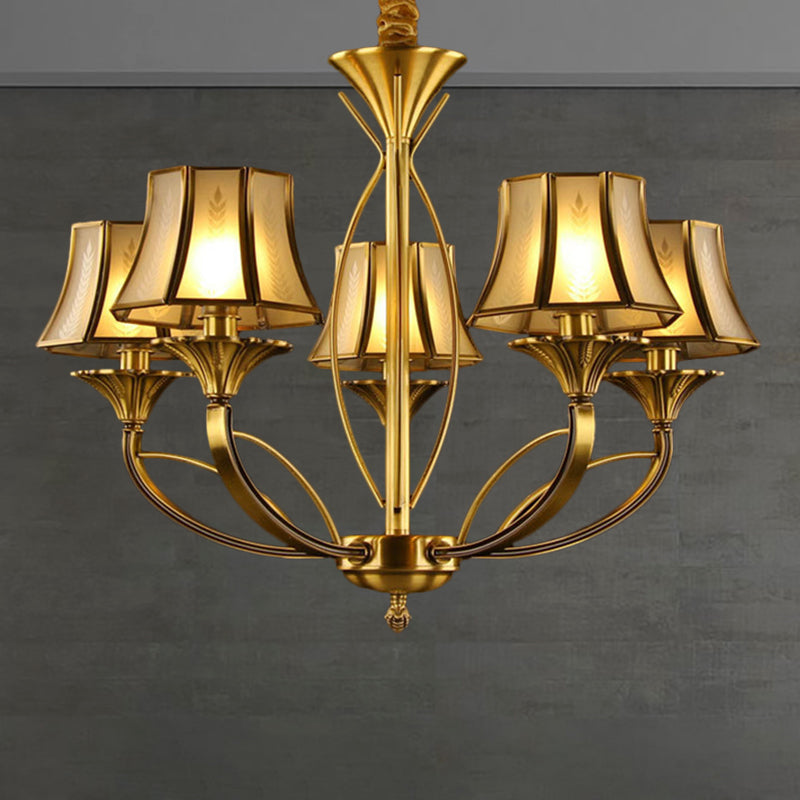Gold Flared Chandelier Colonization Frosted White Glass 5/6/8 Heads Living Room Pendant Light with Curved Metal Arm Clearhalo 'Ceiling Lights' 'Chandeliers' 'Glass shade' 'Glass' Lighting' 284338