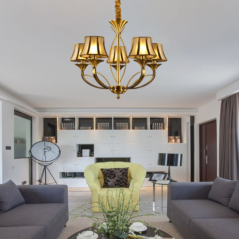 Gold Flared Chandelier Colonization Frosted White Glass 5/6/8 Heads Living Room Pendant Light with Curved Metal Arm Clearhalo 'Ceiling Lights' 'Chandeliers' 'Glass shade' 'Glass' Lighting' 284339