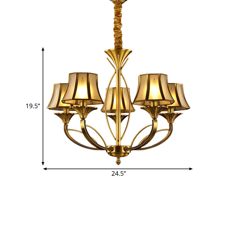 Gold Flared Chandelier Colonization Frosted White Glass 5/6/8 Heads Living Room Pendant Light with Curved Metal Arm Clearhalo 'Ceiling Lights' 'Chandeliers' 'Glass shade' 'Glass' Lighting' 284341