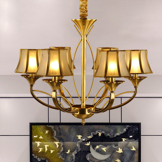 Gold Flared Chandelier Colonization Frosted White Glass 5/6/8 Heads Living Room Pendant Light with Curved Metal Arm 6 Gold Clearhalo 'Ceiling Lights' 'Chandeliers' 'Glass shade' 'Glass' Lighting' 284343