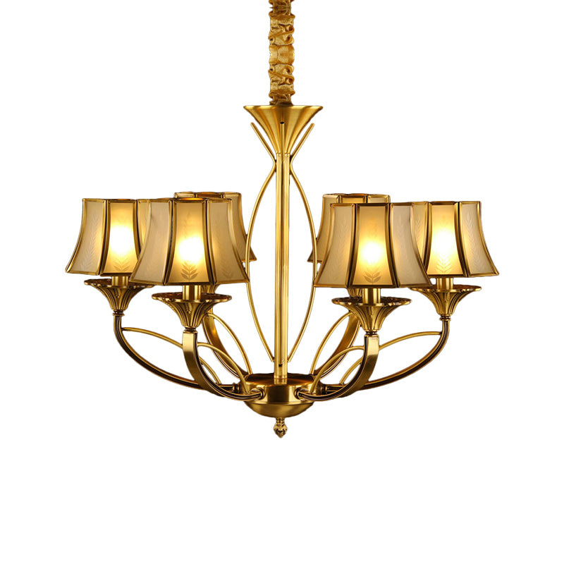 Gold Flared Chandelier Colonization Frosted White Glass 5/6/8 Heads Living Room Pendant Light with Curved Metal Arm Clearhalo 'Ceiling Lights' 'Chandeliers' 'Glass shade' 'Glass' Lighting' 284345