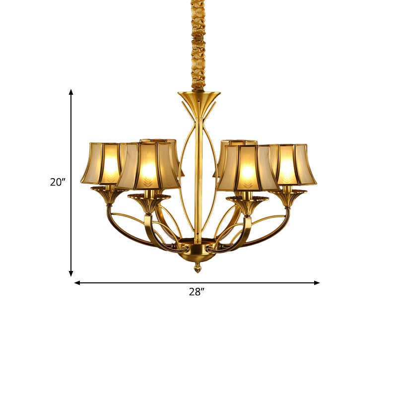 Gold Flared Chandelier Colonization Frosted White Glass 5/6/8 Heads Living Room Pendant Light with Curved Metal Arm Clearhalo 'Ceiling Lights' 'Chandeliers' 'Glass shade' 'Glass' Lighting' 284346