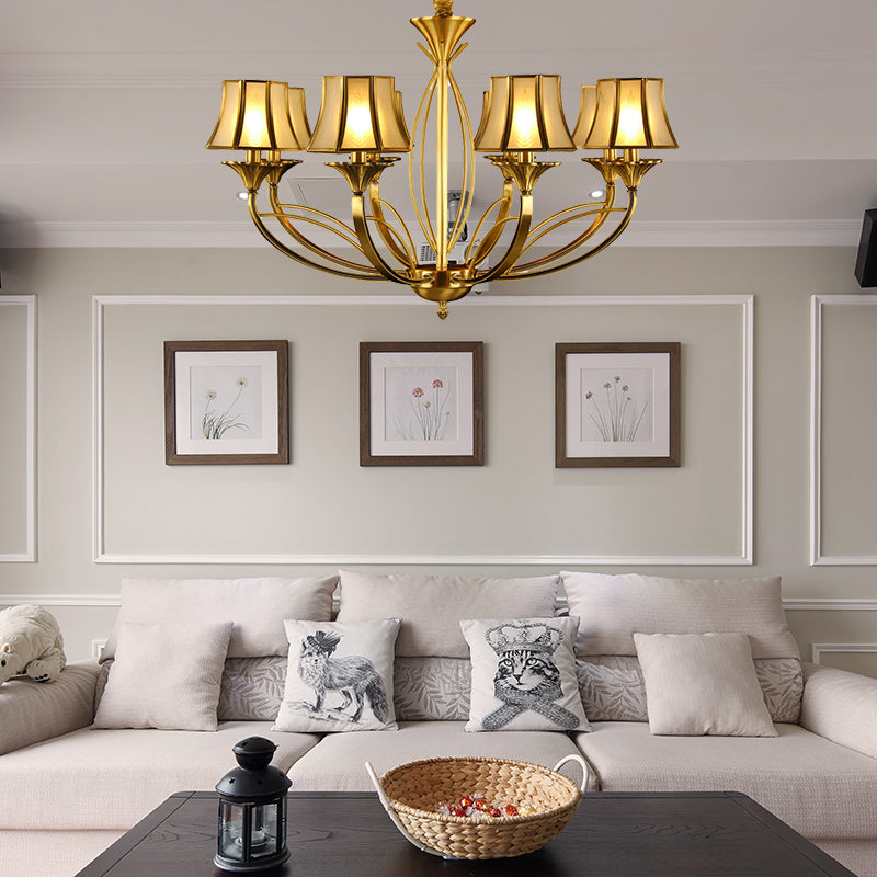 Gold Flared Chandelier Colonization Frosted White Glass 5/6/8 Heads Living Room Pendant Light with Curved Metal Arm Clearhalo 'Ceiling Lights' 'Chandeliers' 'Glass shade' 'Glass' Lighting' 284348