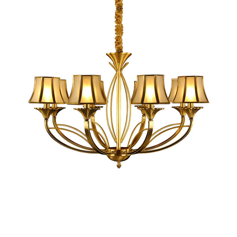 Gold Flared Chandelier Colonization Frosted White Glass 5/6/8 Heads Living Room Pendant Light with Curved Metal Arm Clearhalo 'Ceiling Lights' 'Chandeliers' 'Glass shade' 'Glass' Lighting' 284349
