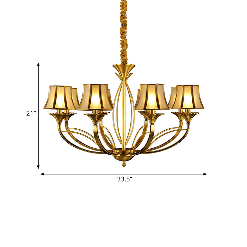 Gold Flared Chandelier Colonization Frosted White Glass 5/6/8 Heads Living Room Pendant Light with Curved Metal Arm Clearhalo 'Ceiling Lights' 'Chandeliers' 'Glass shade' 'Glass' Lighting' 284350