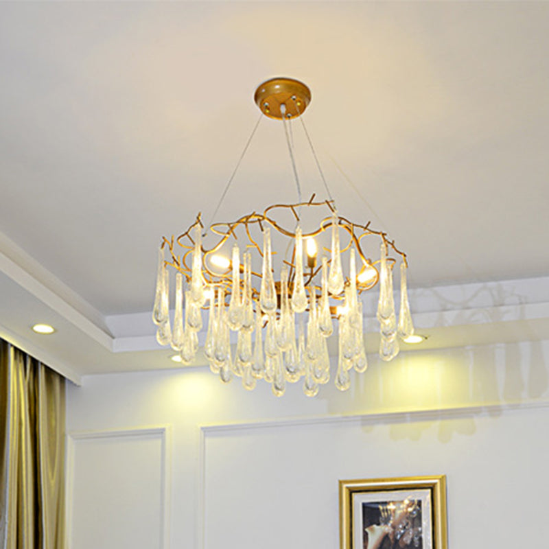 Gold Branch Ceiling Chandelier Postmodern Waterdrop Crystal 5 Heads Dining Room Suspension Lighting Clearhalo 'Ceiling Lights' 'Chandeliers' Lighting' options 284363