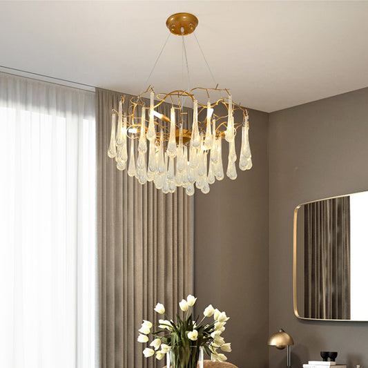 Gold Branch Ceiling Chandelier Postmodern Waterdrop Crystal 5 Heads Dining Room Suspension Lighting Clearhalo 'Ceiling Lights' 'Chandeliers' Lighting' options 284365