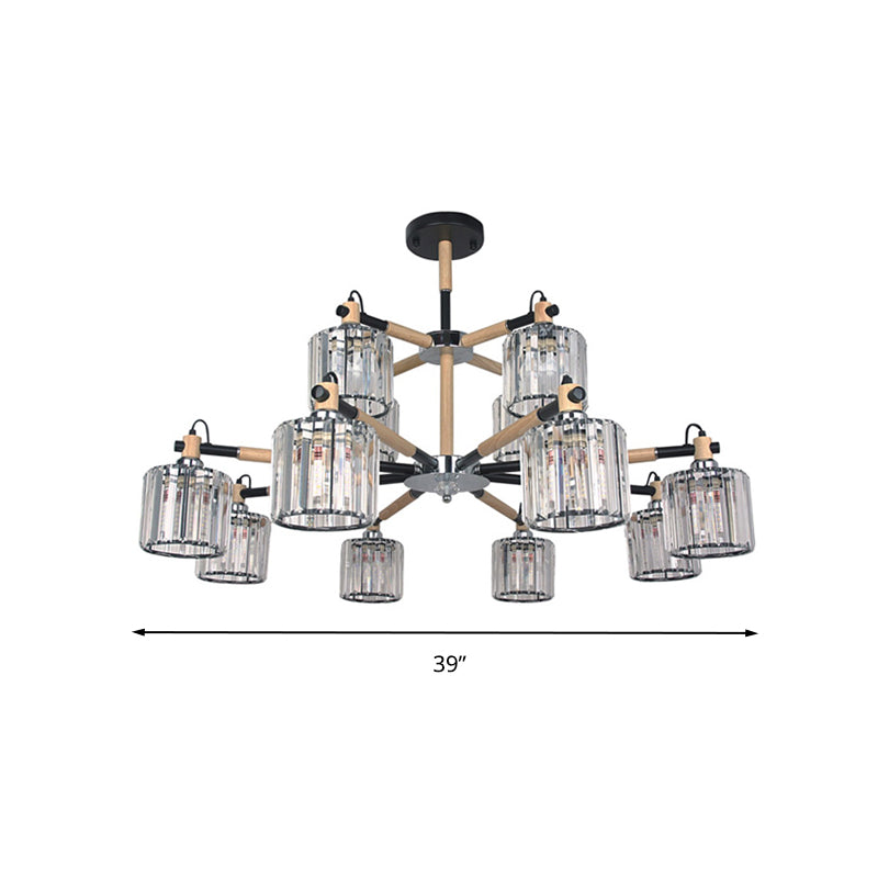 12 Heads Cylinder Chandelier Lighting Traditional Clear Three Sided Crystal Rod Hanging Ceiling Light Clearhalo 'Ceiling Lights' 'Chandeliers' Lighting' options 284373